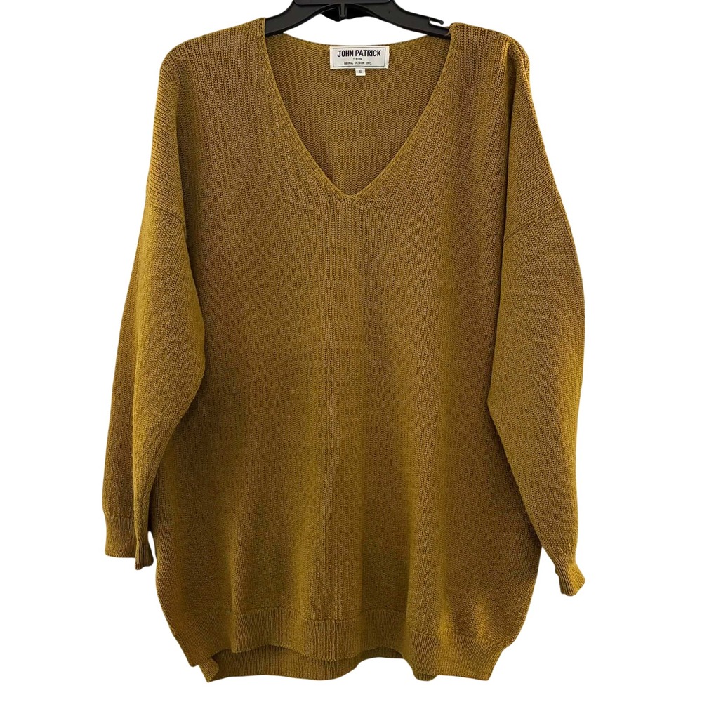 John Patrick Sweater Womens S Mustard Yellow V-Neck Oversized Knit Boho Cozy